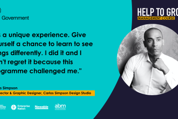 Carlos Simpson testimonial graphic for HM Government Help to Grow programme, featuring his portrait and quote about creative leadership development.