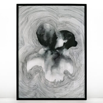 Carlos Simpson art piece titled "Kiss." The artwork depicts two human figures in a monochromatic embrace, their faces nearly blending into one another in a kiss. Swirling fingerprint-like lines form a circular composition around them, merging identity and intimacy. The use of ink wash and line work evokes themes of connection, memory, and human emotion.
