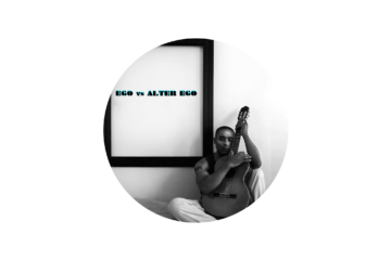 Album cover for “Love Is The Secret” by Carlos Simpson, featuring the artist seated with guitar beside a framed title on a minimalist black-and-white layout.