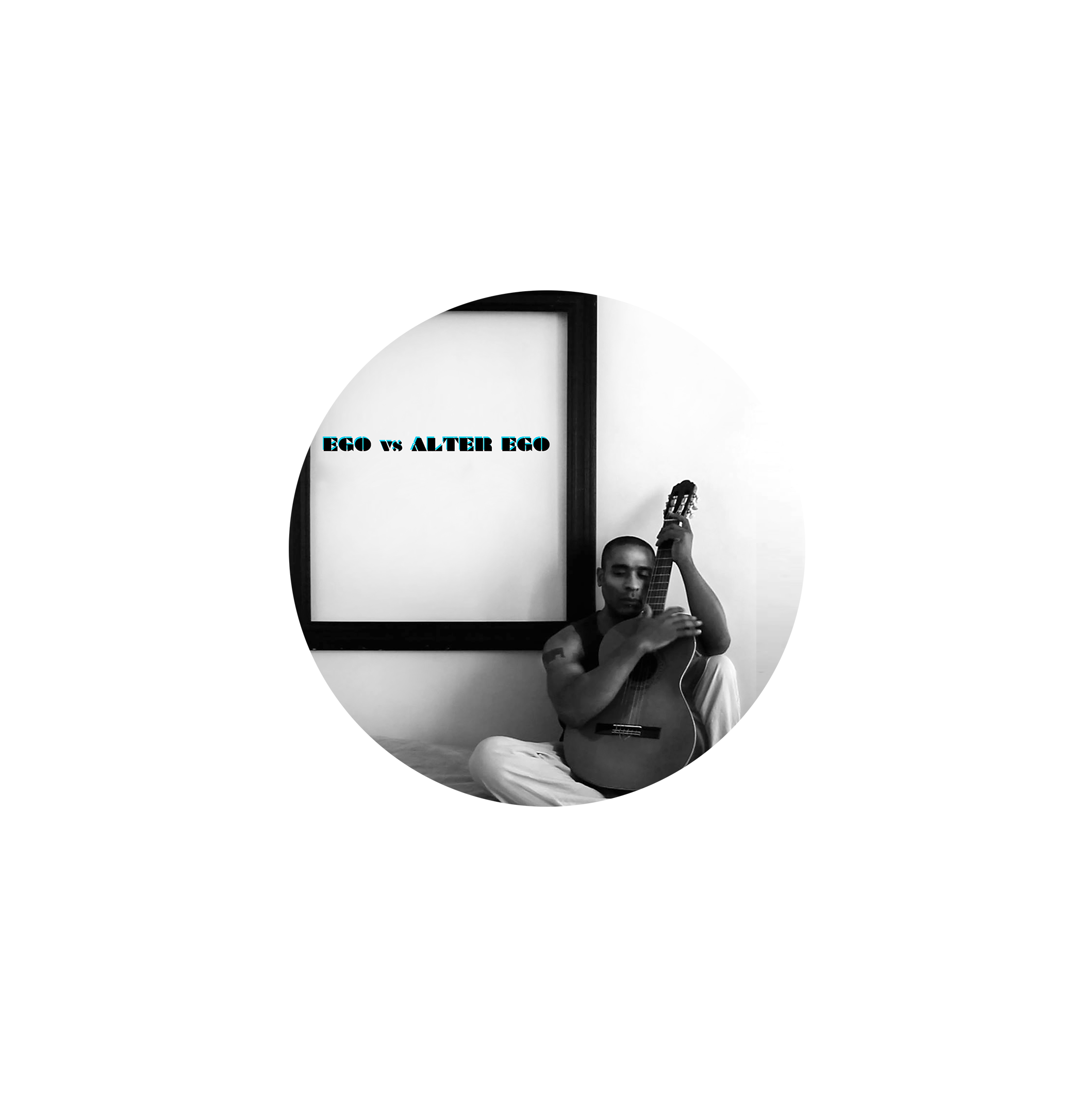 Album cover for “Love Is The Secret” by Carlos Simpson, featuring the artist seated with guitar beside a framed title on a minimalist black-and-white layout.