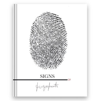 Cover of the book “Signs of Fingerprints” by Carlos Simpson, held in front of a colourful wall of sticky notes. The minimalist design features a large black fingerprint at the centre.