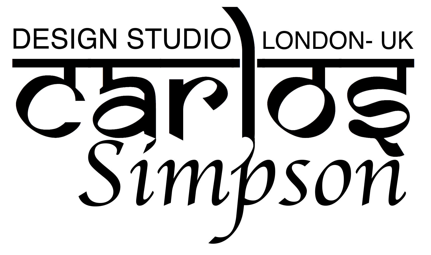 Carlos Simpson Design Studio logotype. Modern black serif typography arranged with a stylized "l" extending above the name, forming a visual anchor. Text reads "DESIGN STUDIO LONDON - UK" above the name "Carlos Simpson". Transparent background for versatile branding use.