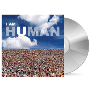 CD cover for “I AM HUMAN,” the fifth studio album by Carlos Simpson. A bold typographic design with a crowd of eyes beneath a cloudy sky, symbolizing collective identity and human consciousness.