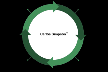 Circular green arrow graphic featuring the trademarked name “Carlos Simpson™” at the center, symbolizing continuous creativity, innovation, and strategic design thinking by Carlos Simpson Design Studio™. Ideal for reinforcing brand identity in marketing, visual communication, and sustainability contexts.