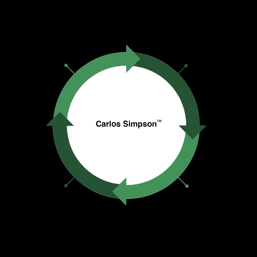 Circular green arrow graphic featuring the trademarked name “Carlos Simpson™” at the center, symbolizing continuous creativity, innovation, and strategic design thinking by Carlos Simpson Design Studio™. Ideal for reinforcing brand identity in marketing, visual communication, and sustainability contexts.