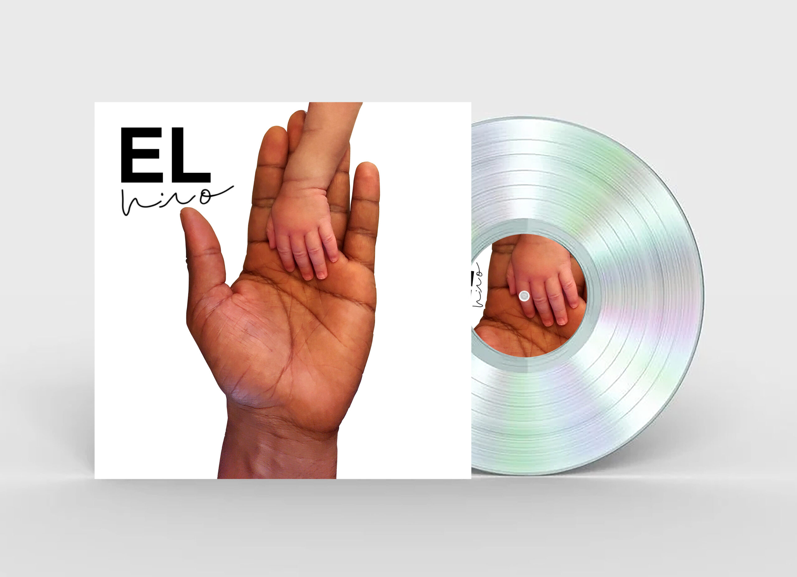 Album cover for “EL Niño” by Carlos Simpson, released on February 5, 2023. The artwork features a symbolic image of a large adult hand holding a child’s hand, representing protection, heritage, and human connection. The minimalist design and high-contrast aesthetic emphasize themes of identity, vulnerability, and strength across generations.