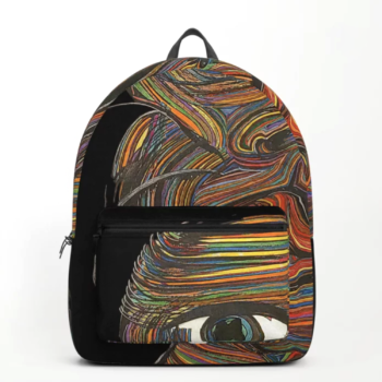 "Colorful abstract art backpack by Carlos Simpson Art featuring vibrant geometric patterns inspired by the Metamorphosis painting. Contemporary wearable art blending fine art and fashion design."