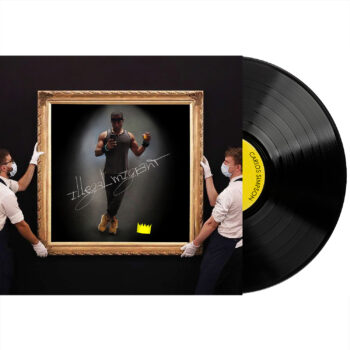 Vinyl album cover for Illegal Migrant by Carlos Simpson, released on October 21, 2020, under Carlos Simpson Music Production. The artwork features a muscular self-portrait of the artist inside a golden museum-style frame, held by two gloved curators. The title Illegal Migrant is handwritten diagonally across the dark background, with a small yellow crown symbol beneath the artist’s feet, evoking themes of identity, status, and cultural commentary.