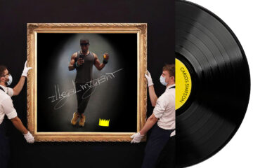 Vinyl album cover for Illegal Migrant by Carlos Simpson, released on October 21, 2020, under Carlos Simpson Music Production. The artwork features a muscular self-portrait of the artist inside a golden museum-style frame, held by two gloved curators. The title Illegal Migrant is handwritten diagonally across the dark background, with a small yellow crown symbol beneath the artist’s feet, evoking themes of identity, status, and cultural commentary.