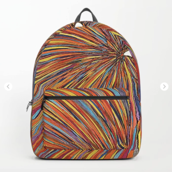 "Colorful abstract art backpack by Carlos Simpson Art featuring vibrant geometric patterns inspired by the Metamorphosis painting. Contemporary wearable art blending fine art and fashion design."