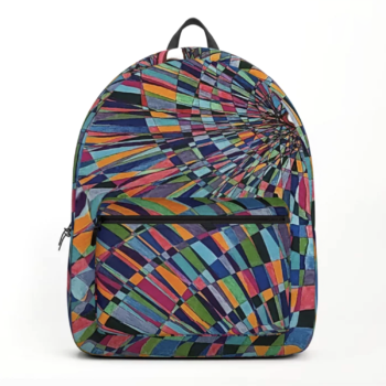 "Colorful abstract art backpack by Carlos Simpson Art featuring vibrant geometric patterns inspired by the Metamorphosis painting. Contemporary wearable art blending fine art and fashion design."