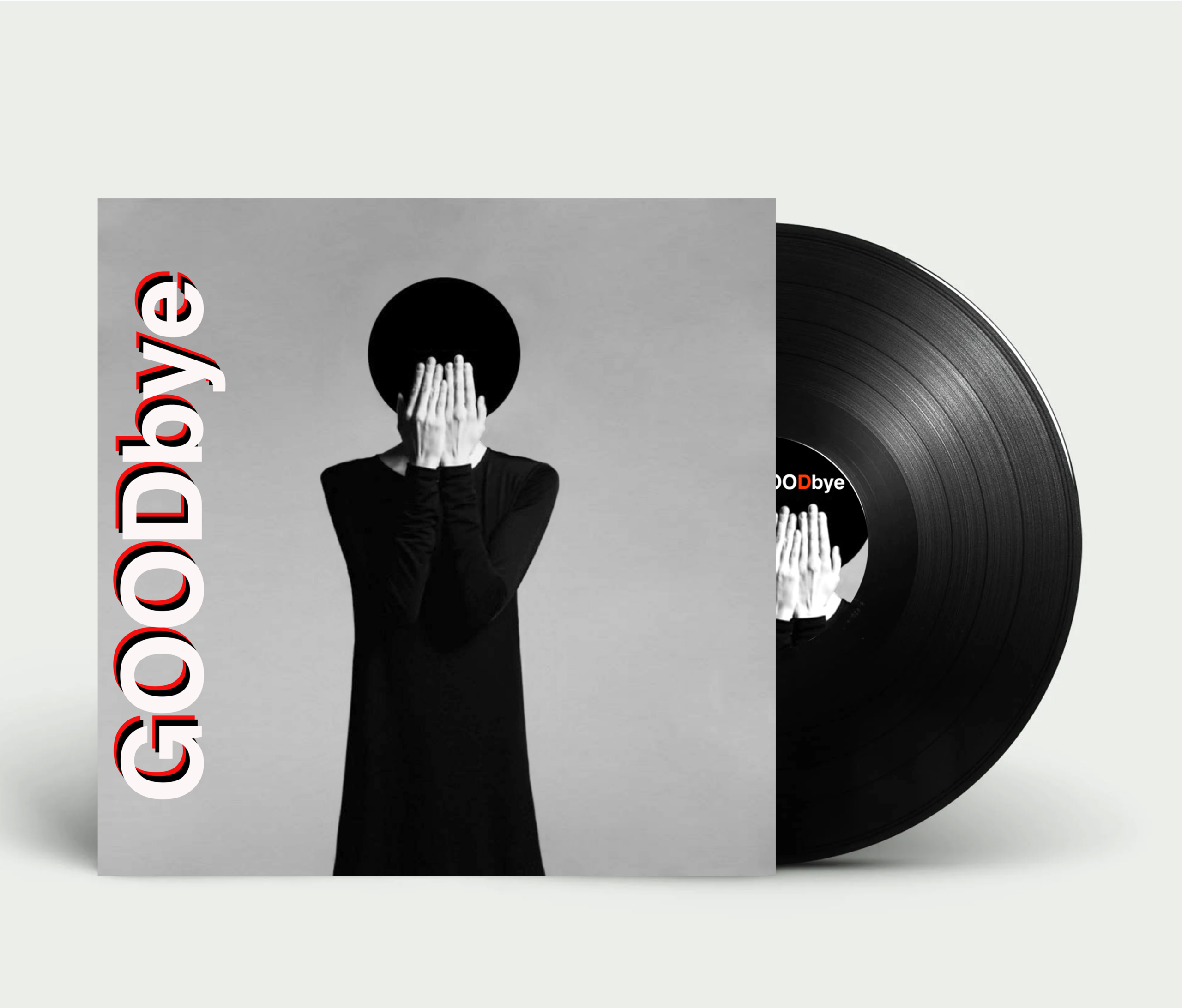 Vinyl album cover for GoodBye by Carlos Simpson, released on July 26, 2023, under CARLOS SIMPSON™ Music Production. The artwork features a monochrome figure in black attire with hands covering the face, framed by bold vertical typography spelling “GOODbye.” The visual evokes themes of identity, loss, and introspection, aligned with the album’s alternative/indie tone.