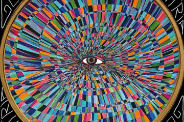 Album cover artwork for “GEMATRIA,” a 2023 song by Carlos Simpson. The image features a vibrant, circular mandala of geometric color blocks radiating from a central photorealistic human eye. The artwork explores themes of numerology, perception, digital identity, and visual consciousness, blending art, symbolism, and technology in NFT form.
