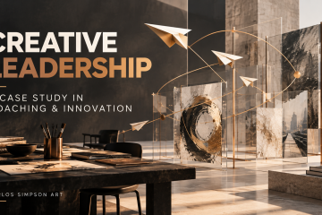 Editorial illustration for Creative Leadership by Carlos Simpson, featuring a contemporary art studio with abstract paintings, suspended paper planes and intersecting bronze lines.