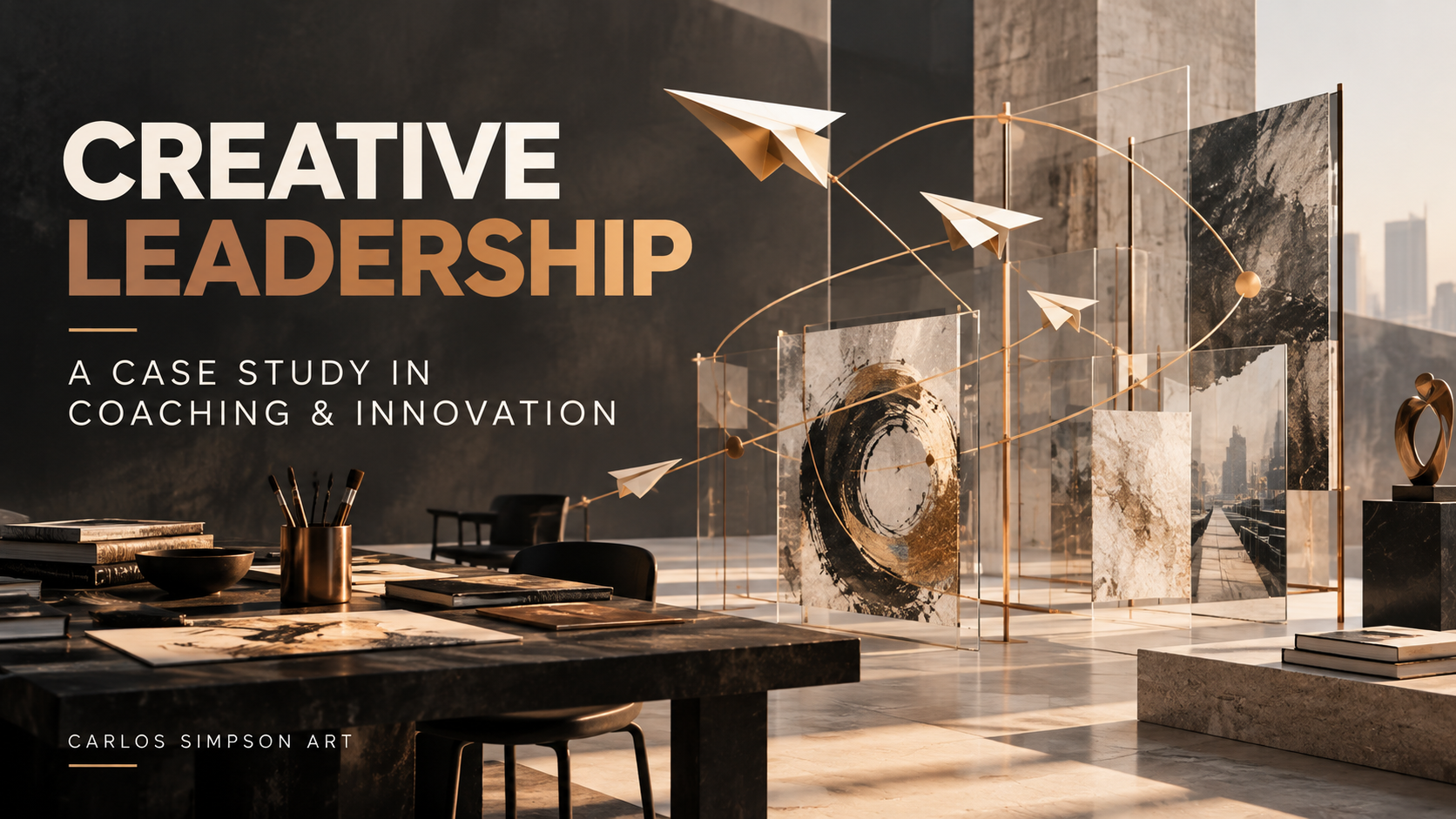 Editorial illustration for Creative Leadership by Carlos Simpson, featuring a contemporary art studio with abstract paintings, suspended paper planes and intersecting bronze lines.