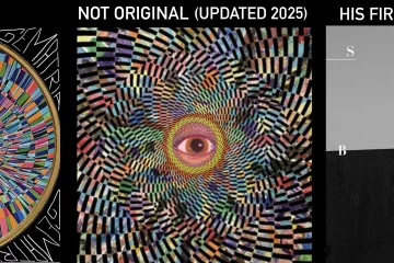 A comparative image showing three artworks: on the left, Carlos Simpson’s original circular painting titled Gematria, featuring a central eye within a radiating geometric mosaic of multicoloured squares; in the middle, a digitally altered imitation labeled “Not Original (Updated 2025)” that mimics Simpson’s style with a distorted eye in a spiral pattern; and on the right, Simpson’s first official art cover from 2019 titled SOLAR BODY, in minimalist black-and-white design with scattered typography. The image highlights originality, authorship, and visual identity in contemporary art.