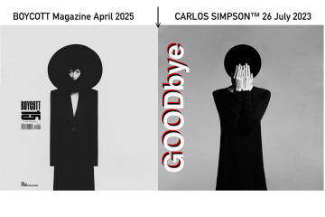 Black and white conceptual artwork by Carlos Simpson. The image features a solitary figure in a minimalist black outfit with a large circular headpiece obscuring the face, symbolizing anonymity and emotional silence. This is the official album cover for “GOODbye” (2023) by Carlos Simpson, featured in BOYCOTT Magazine, April 2025.