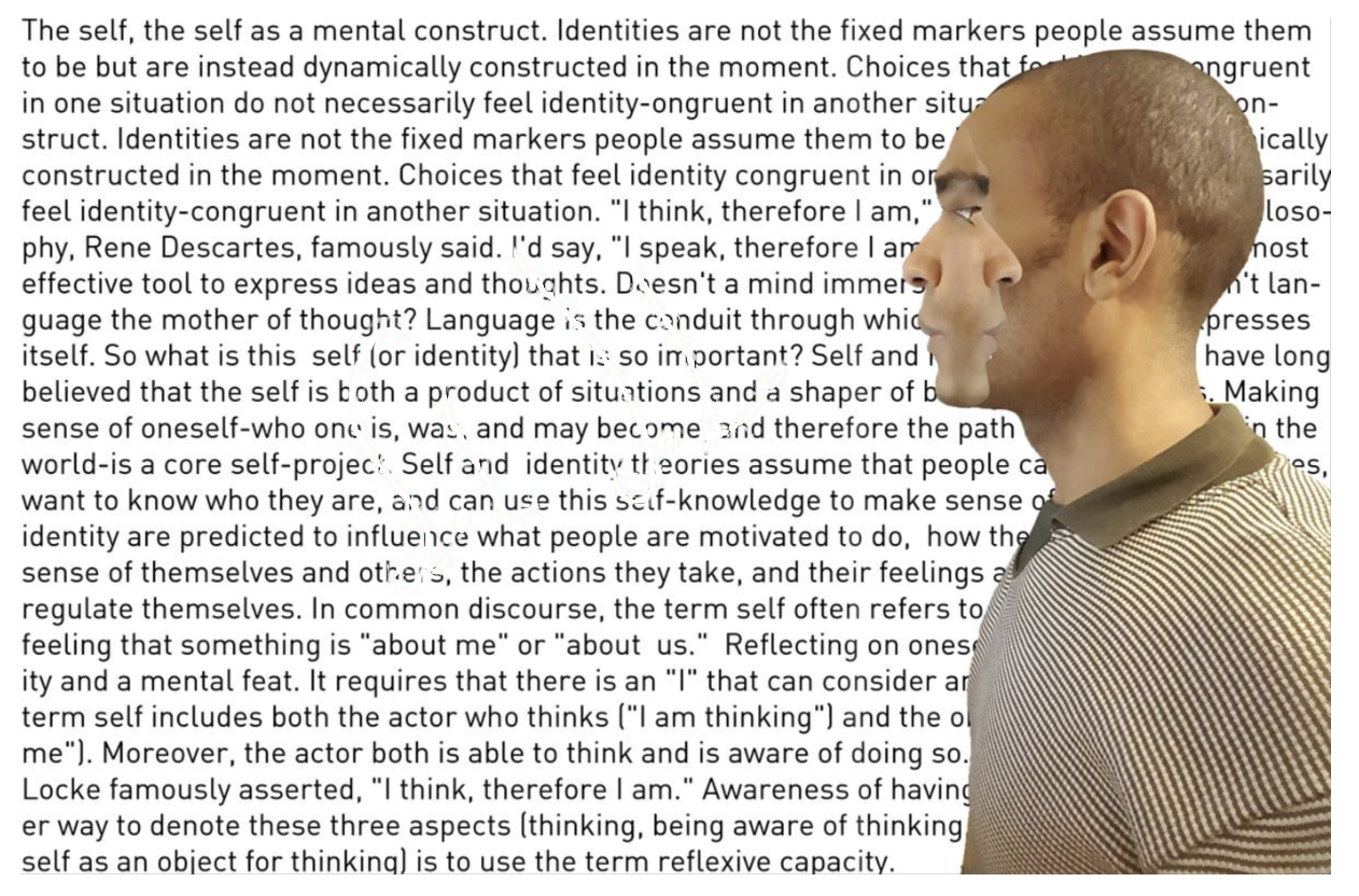 "Digital artwork by Carlos Simpson showing two mirrored human profiles facing opposite directions, symbolizing the layered and evolving nature of identity and self-awareness."