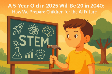 A young boy hammers wood on a workbench with a STEM chalkboard, lemonade stand, and tree in the background, symbolizing the importance of practical skills and creativity in future education.