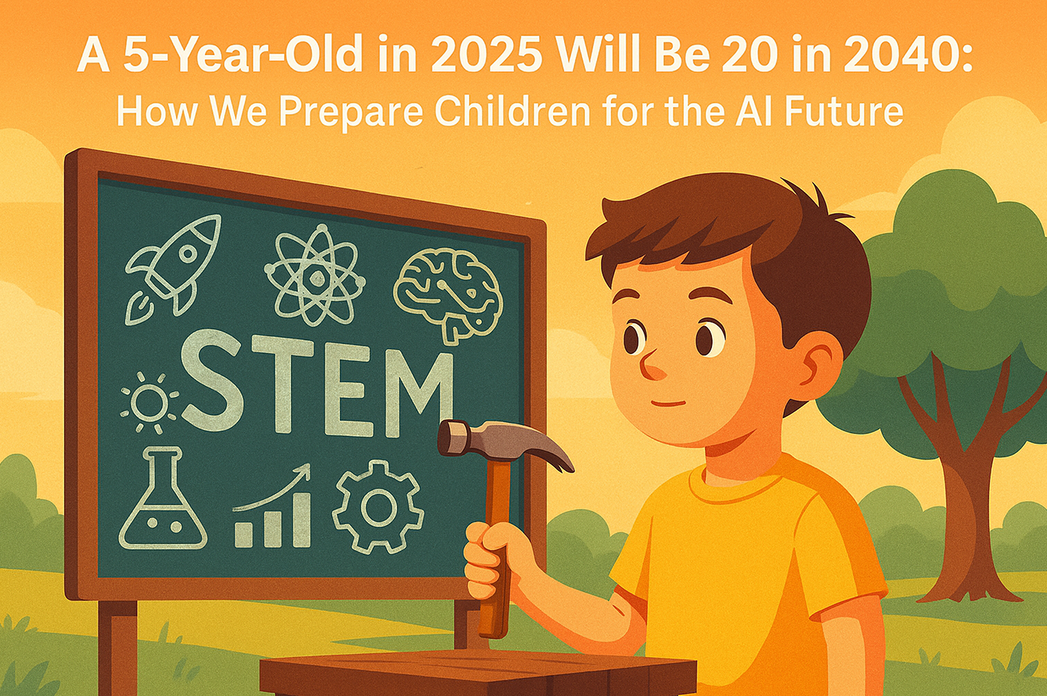 A young boy hammers wood on a workbench with a STEM chalkboard, lemonade stand, and tree in the background, symbolizing the importance of practical skills and creativity in future education.