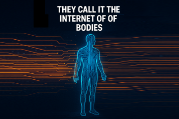 A glowing human silhouette with circuits and flowing data streams, representing the Internet of Bodies.