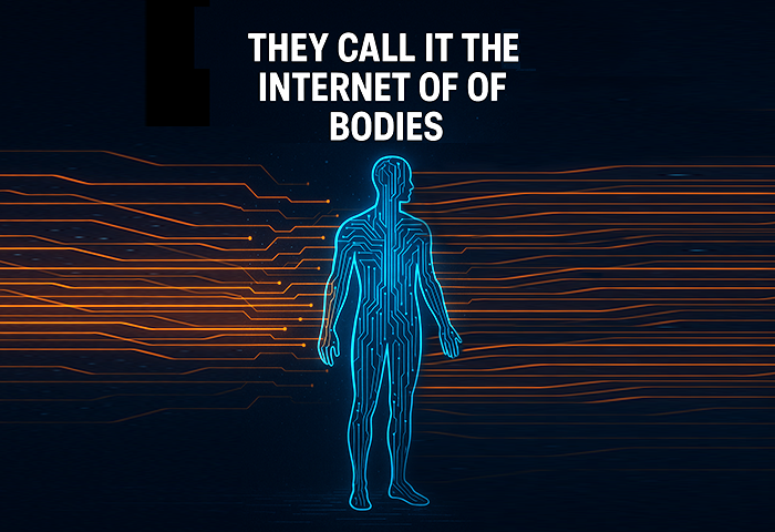 A glowing human silhouette with circuits and flowing data streams, representing the Internet of Bodies.