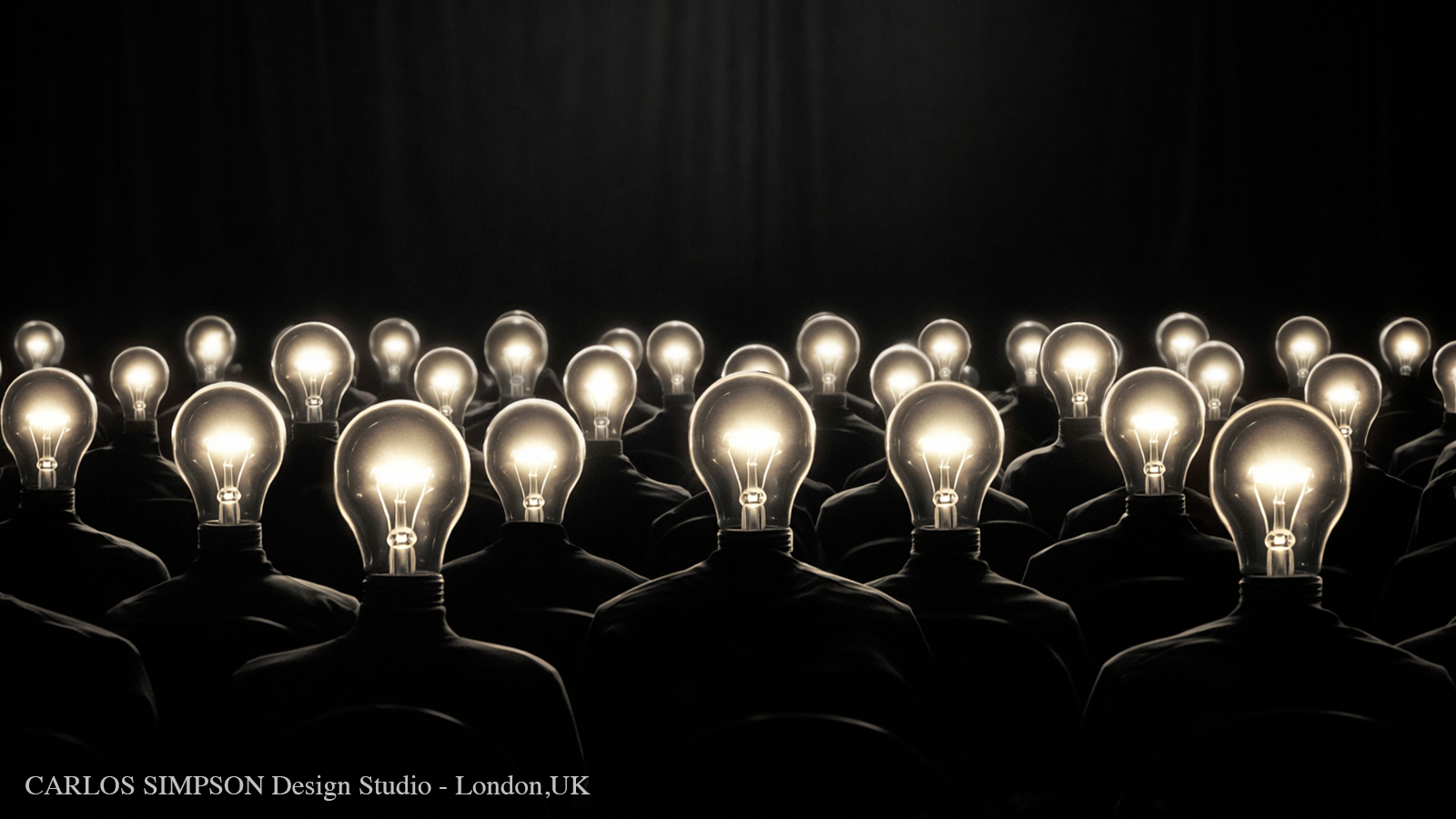 Rows of shadowy figures with glowing light bulbs for heads in a dark auditorium, symbolising bots impersonating humans online.