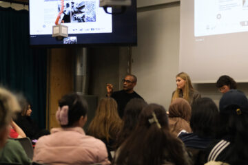 Carlos Simpson speaking to an audience at Central Saint Martins University of the Arts London discussing creativity, judgement, and decision-making