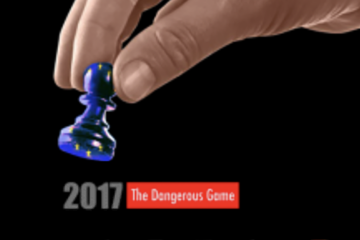 A hand holding a blue chess piece against a black background, with the text “2017 The Dangerous Game”, in conceptual artwork by Carlos Simpson.