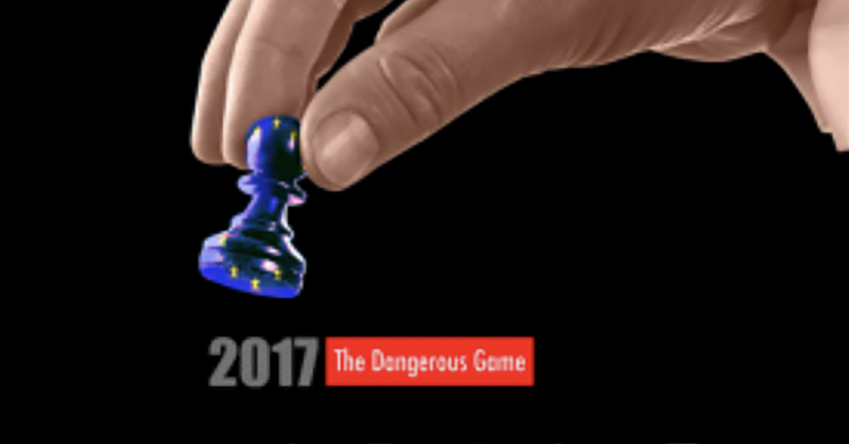 A hand holding a blue chess piece against a black background, with the text “2017 The Dangerous Game”, in conceptual artwork by Carlos Simpson.