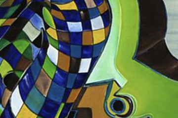 Woman - After Silence (2009) by Carlos Simpson: a seated figure cradling its face, with coloured grids curving across its body and surroundings.