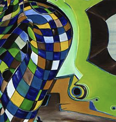 Woman - After Silence (2009) by Carlos Simpson: a seated figure cradling its face, with coloured grids curving across its body and surroundings.